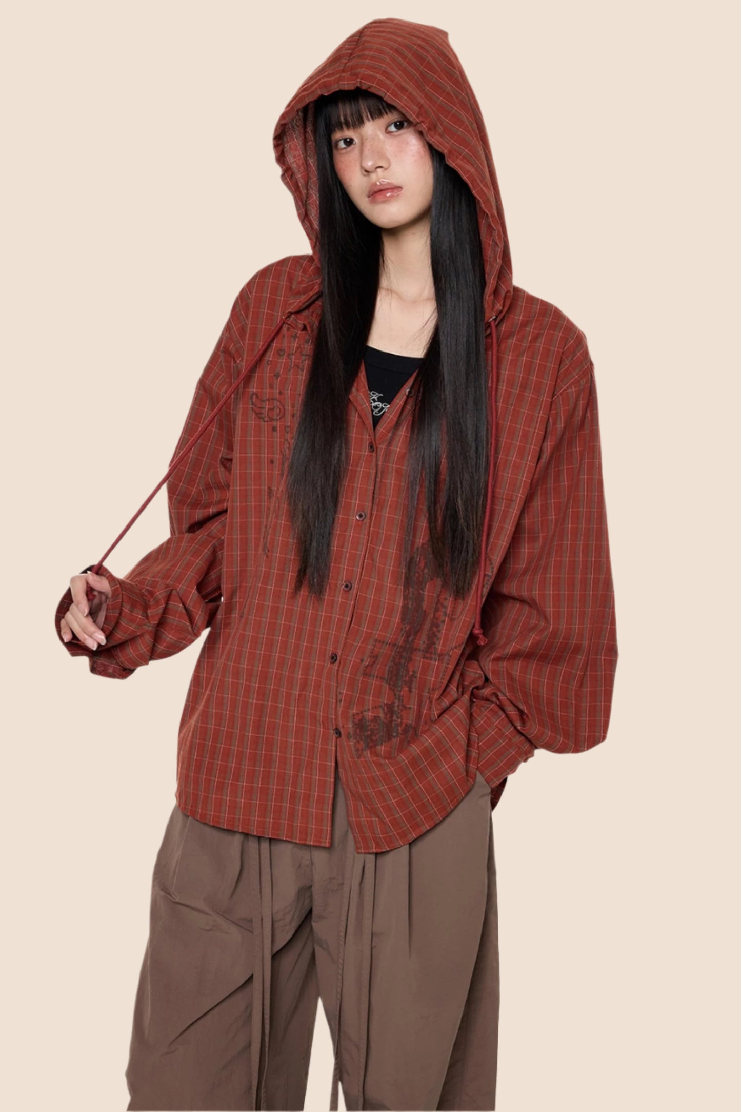 Hooded Plaid Lightweight Loose Jacket