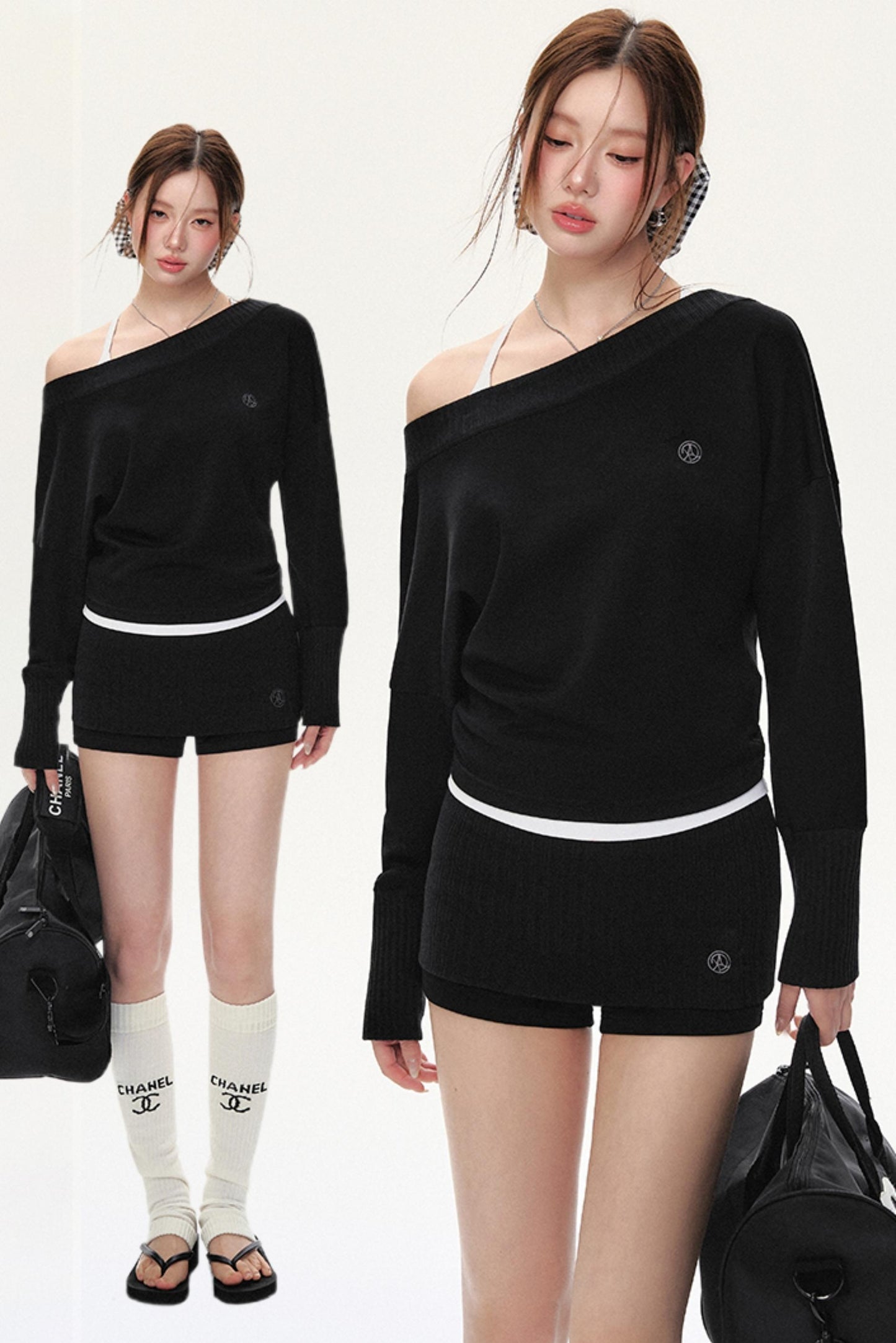 Fashion Oblique Shoulder Tops Set-Up