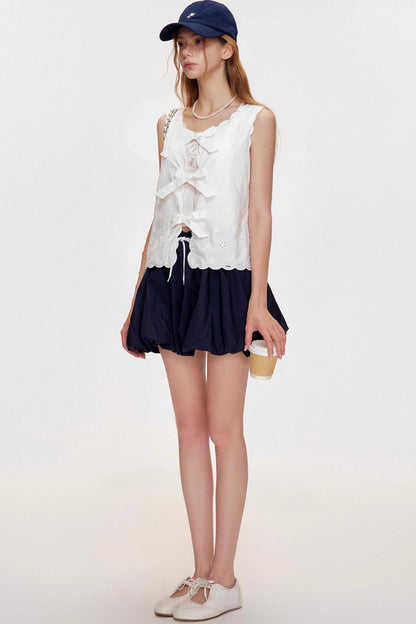 Romantic Wavy Edge Embroidery Strappy Vest Set-Up