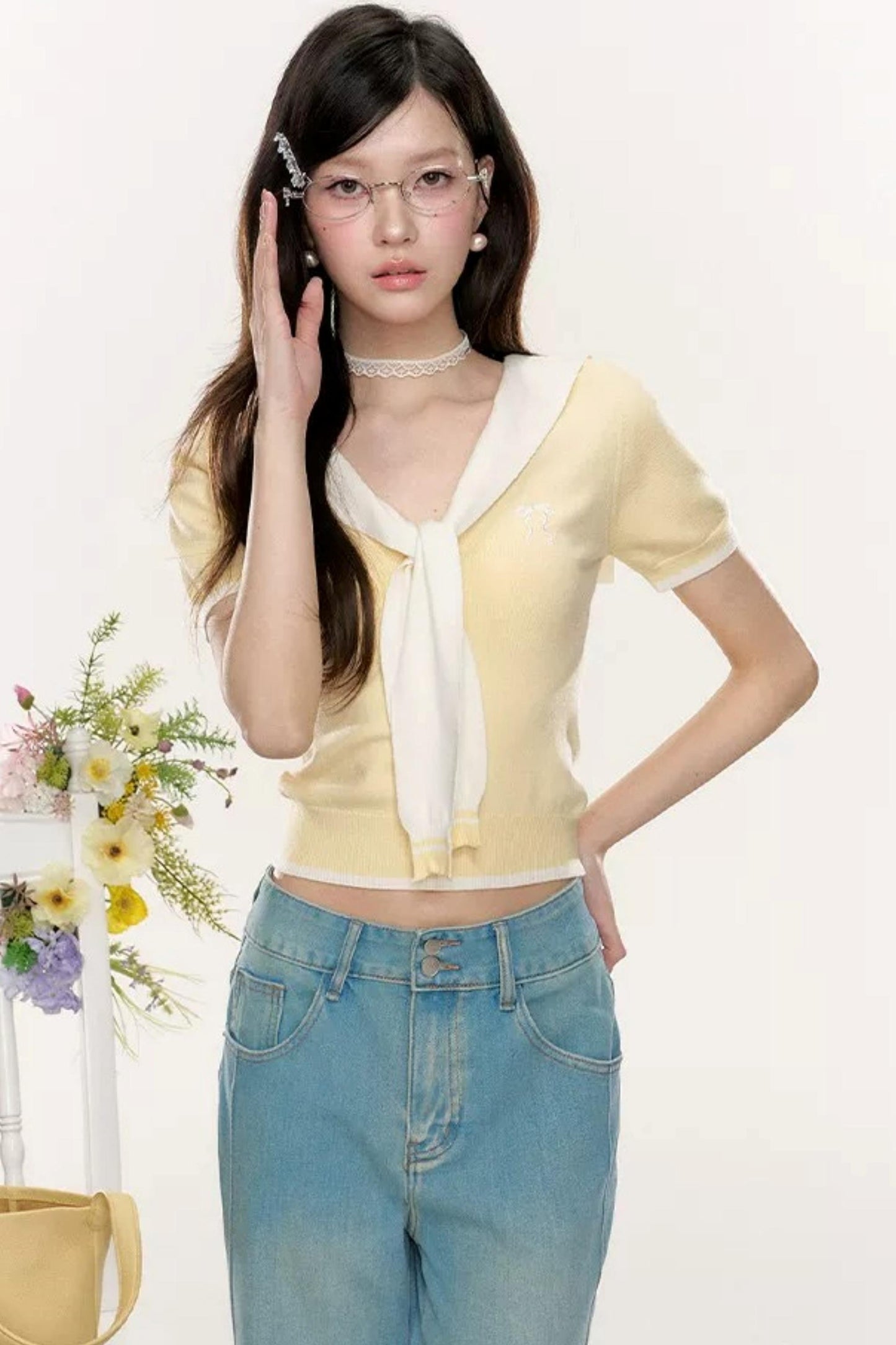 Sweet Sailor Collar Knit Top Set-Up
