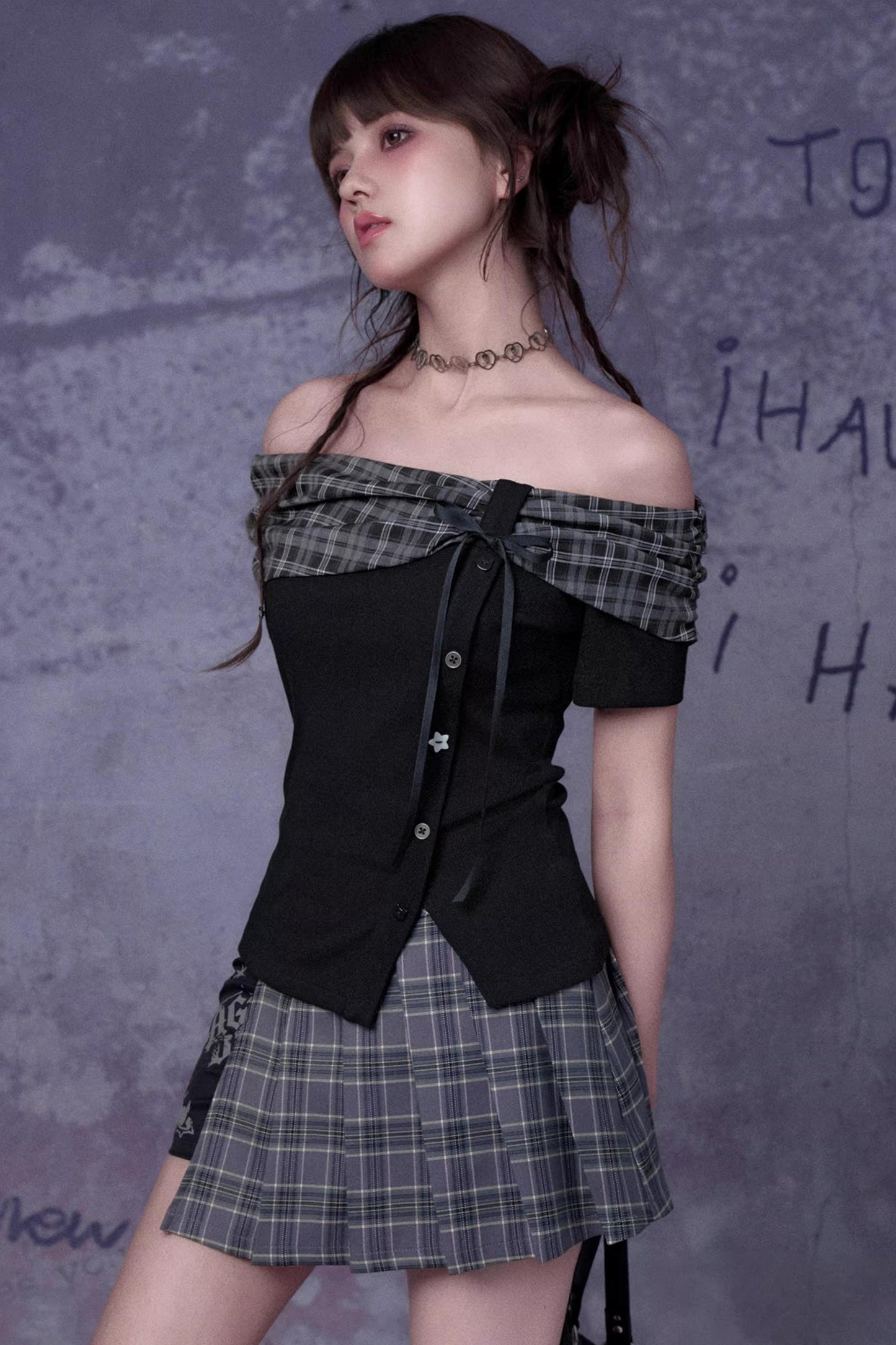 Plaid Graffiti Pleated Skirt Matching Set