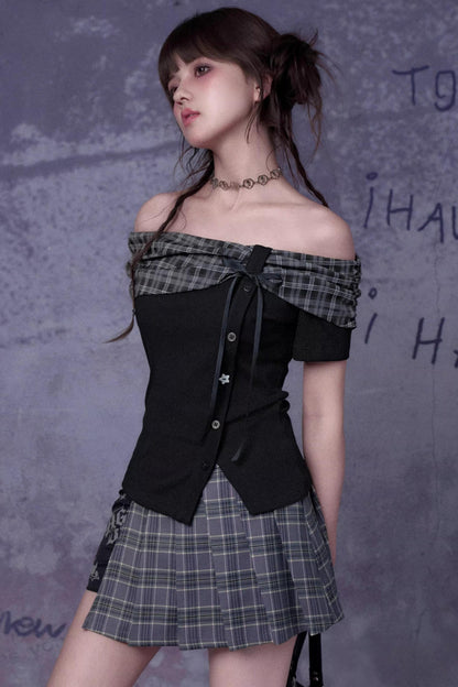 Plaid Graffiti Pleated Skirt Matching Set