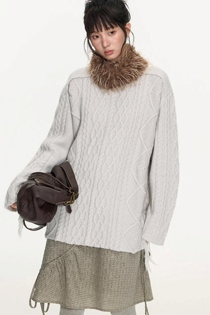 Crew Neck Crochet Cable Knit Sweater