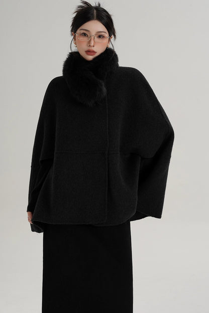 Elegant Fox Fur Wool Cape Coat