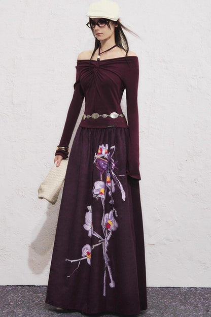 Purple Flower Print Long Skirt