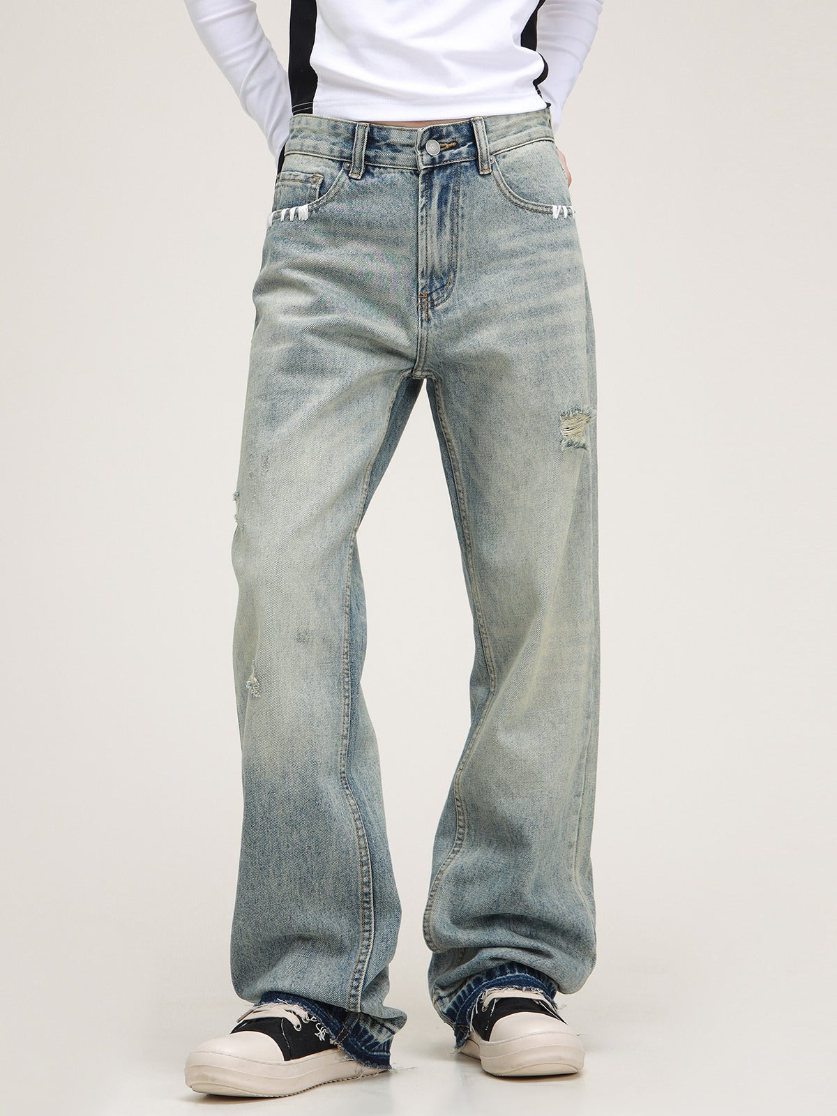 American straight-leg distressed jeans pants