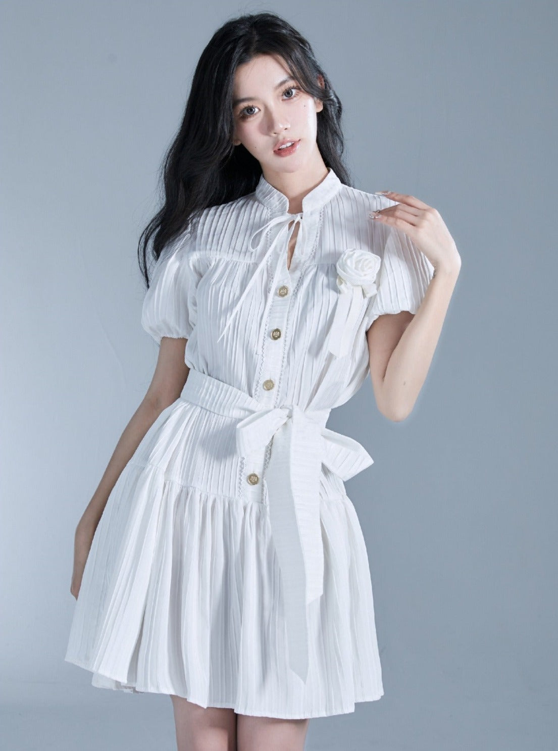 French puff sleeves tie-up waist dress