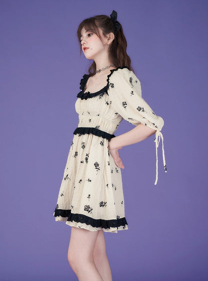 Rose print puff sleeve high waist princess dress