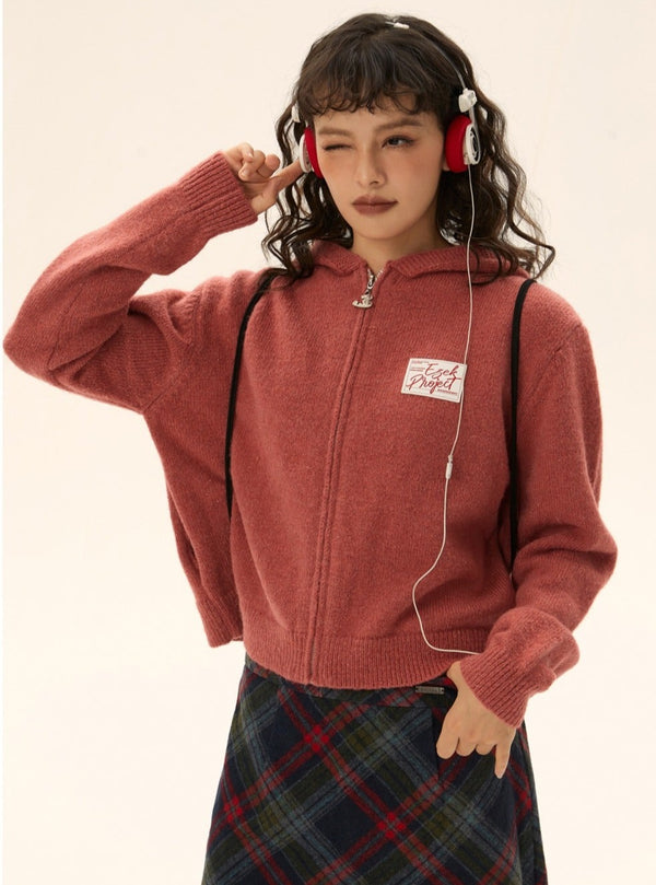 Short hooded knit cardigan sweater outer