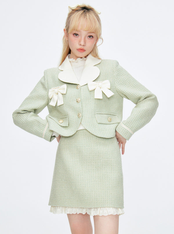 Tweed Green Suit Short Skirt Set