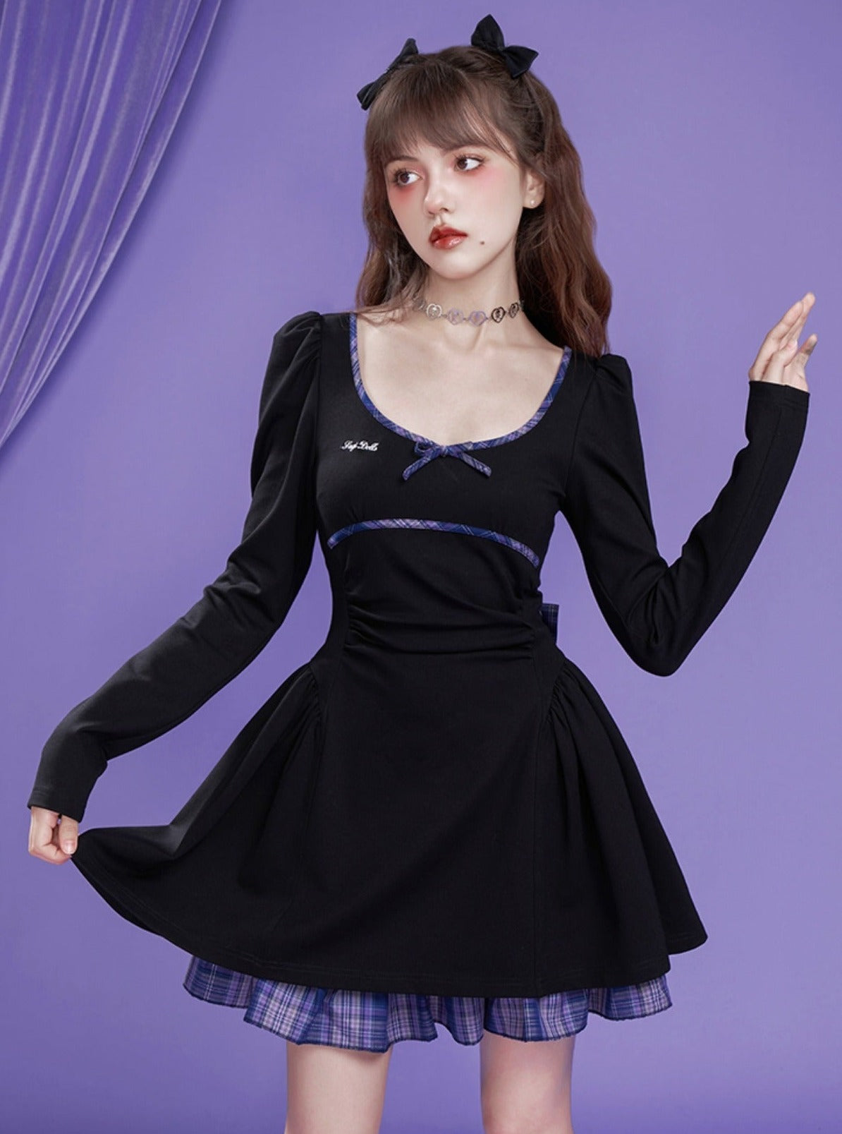 Bowknot lamb leg sleeve waist dress