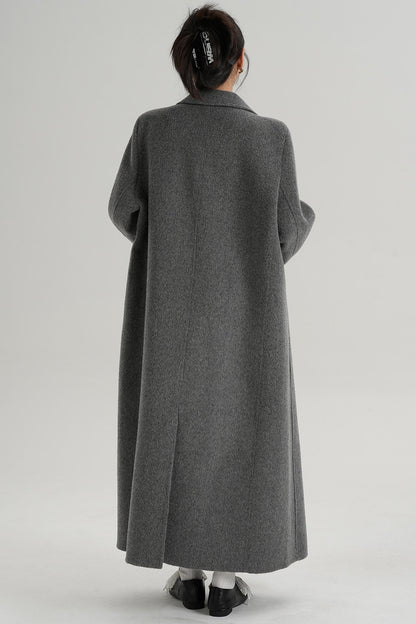 Turn-Sleeve Suit Collar Long Wool Coat