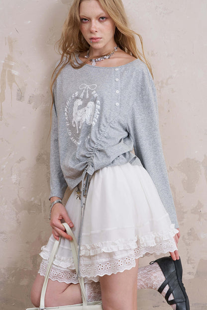 Slanted Monochrome Flower Ruffle T-Shirt
