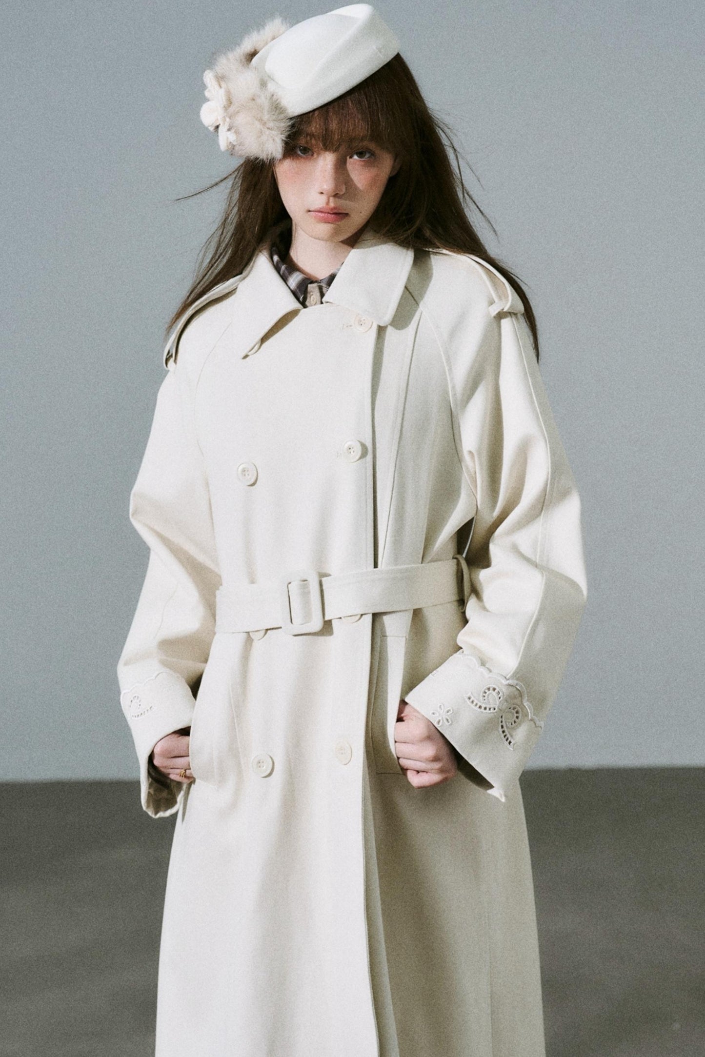 Creamy Hollow Flower Trench Coat