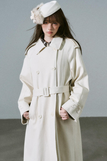 Creamy Hollow Flower Trench Coat