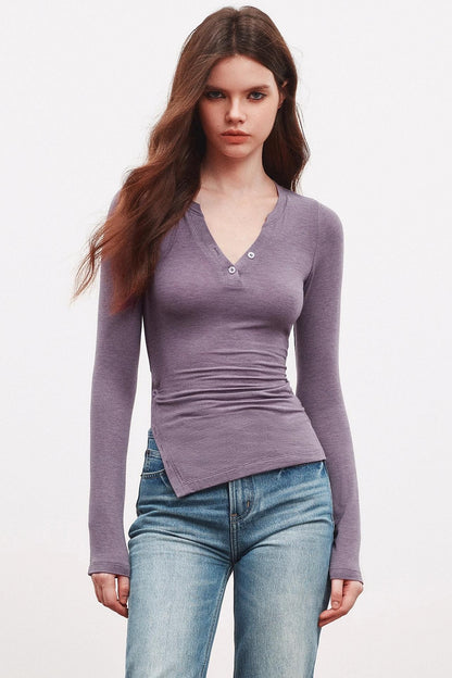 V-Neck High Slit Long Sleeve Slim Top