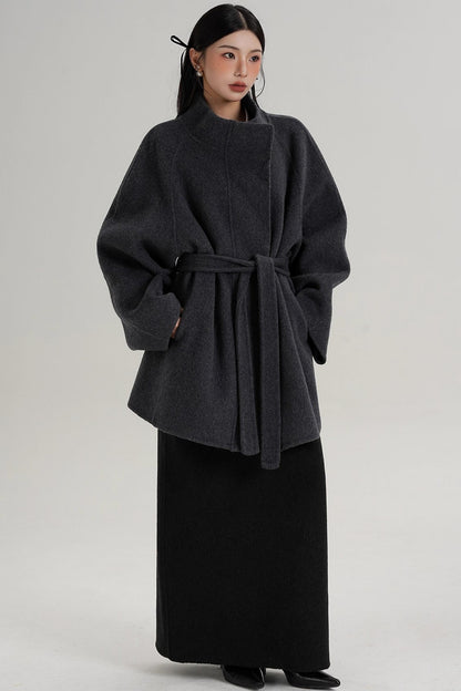 Elegant Woolen Lace-Up Coat