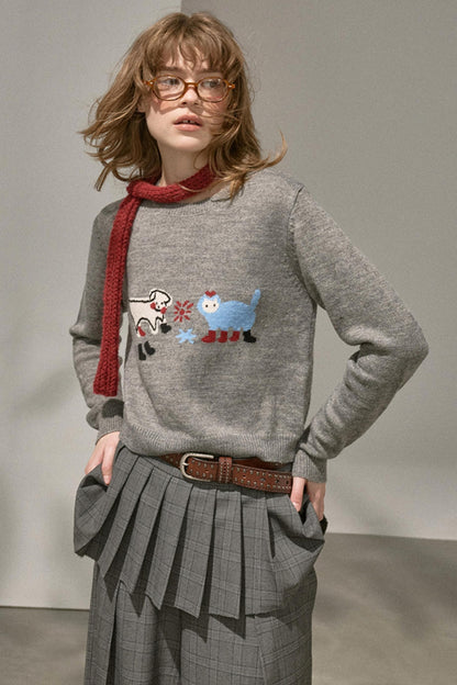 Kitten Puppy Embroidered Wool Blend Top