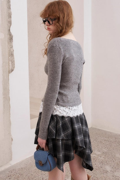 Lace Panel V-Neck Knitted Cardigan