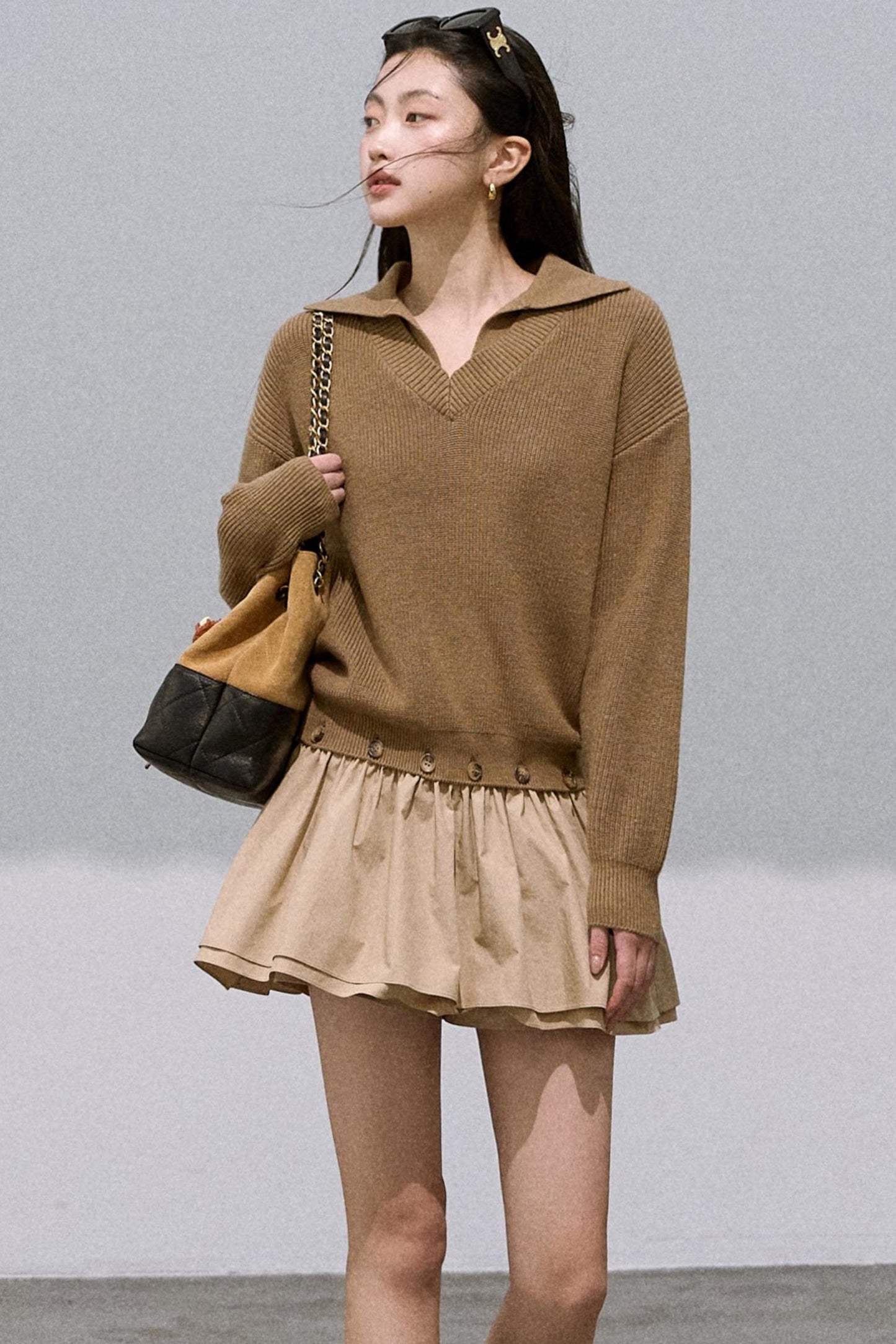 Wool V-Neck Detachable Skirt Dress