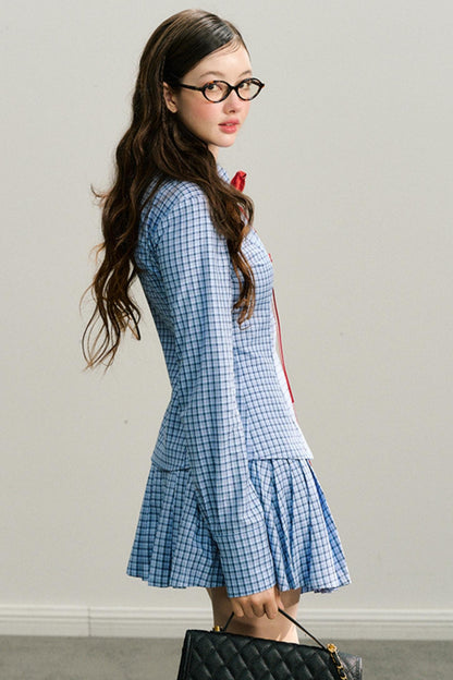 Long live the Milky Way [8.20 20:00] "She came from the sea" handmade red rose navy blue plaid shirt pleated skirt