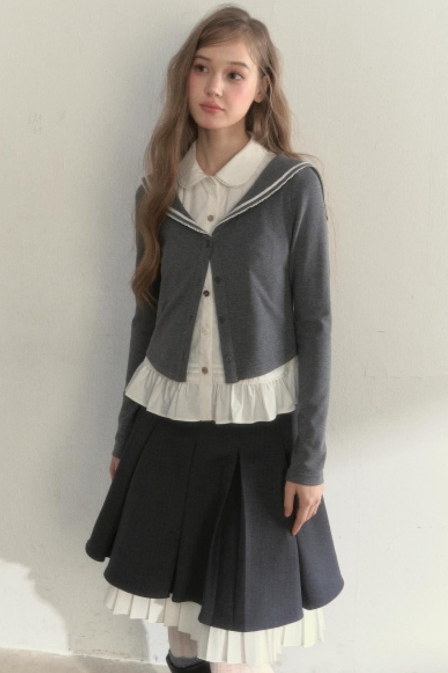 College Navy Collar Top & Skirt Set-Up