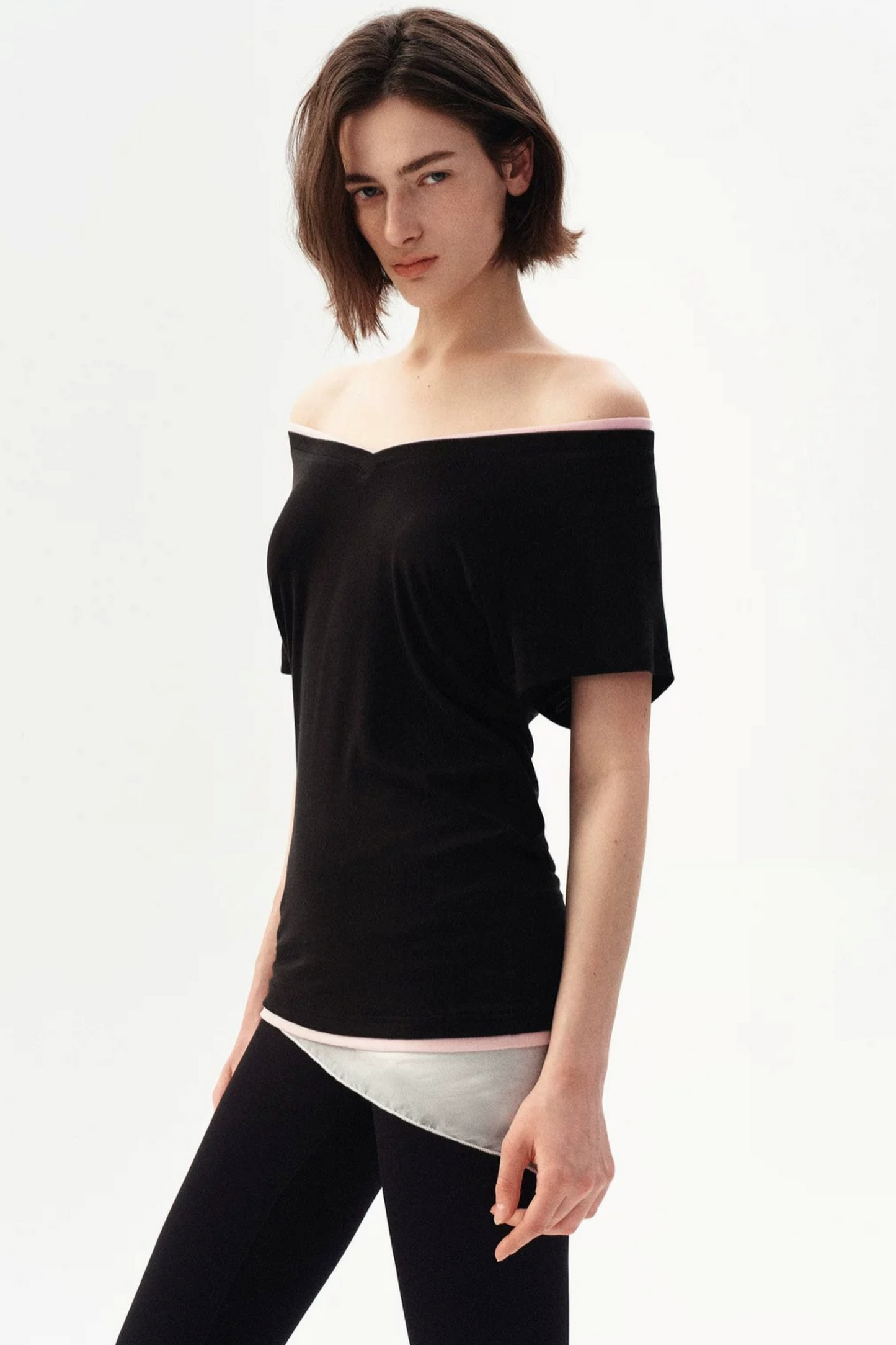 Minimalist Colorblock Deep V-Neck Wool Blend T-Shirt
