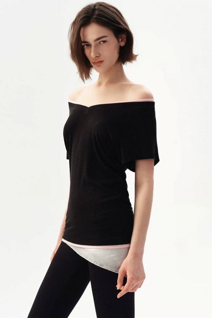 Minimalist Colorblock Deep V-Neck Wool Blend T-Shirt