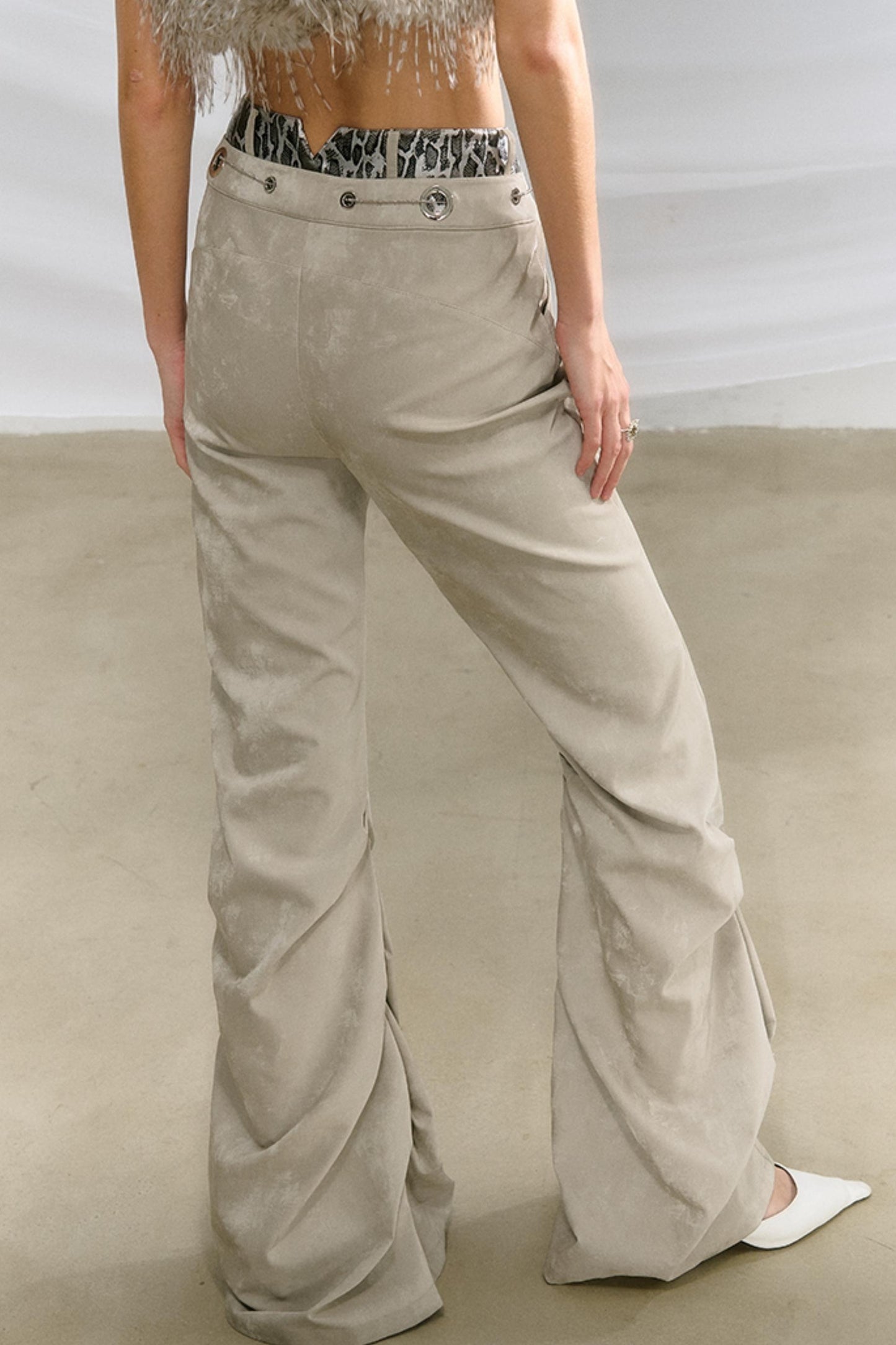 Glossy Leather Pleated Flared Pants