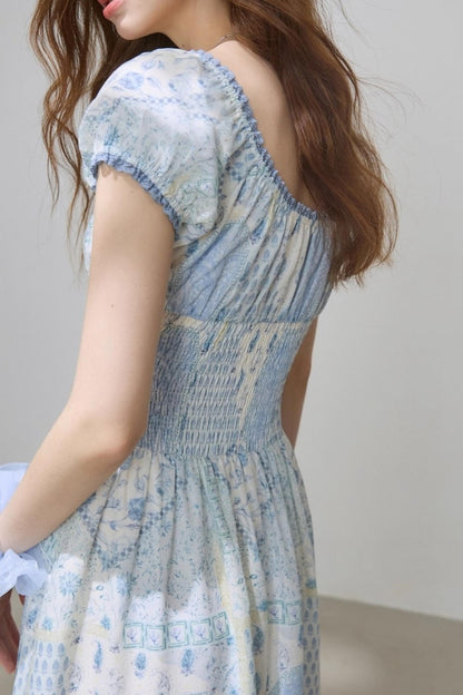 Puff Sleeves Waist Slim Long Dress