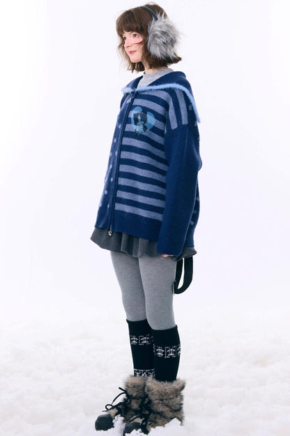 Retro Navy Collar Cardigan Jacket