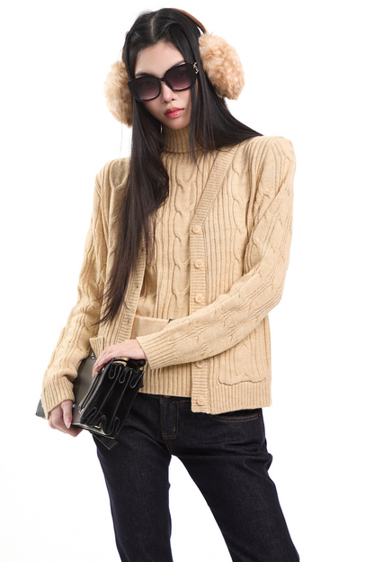 Retro Khaki Cable Knit Cardigan Set