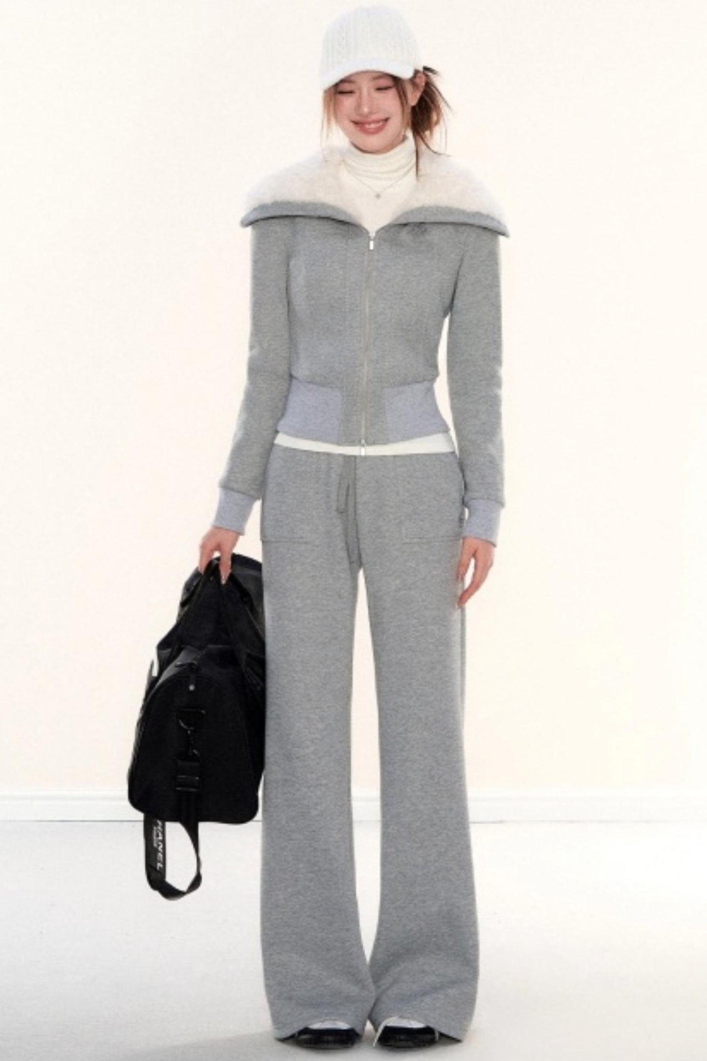 Lapel Fleece Slim Sweatshirt Jacket Set-Up