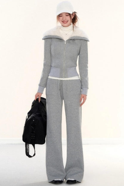 Lapel Fleece Slim Sweatshirt Jacket Set-Up