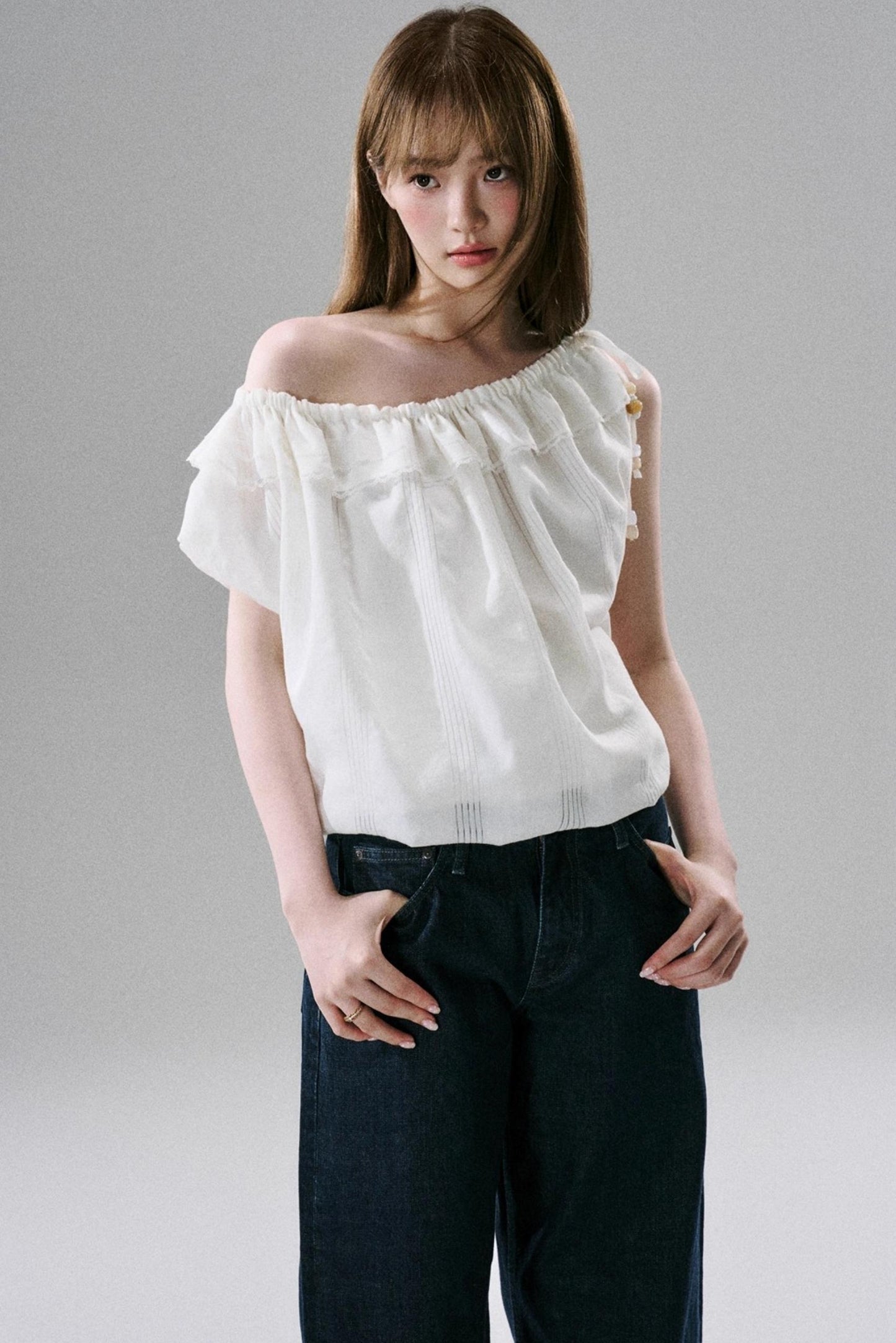 Beaded One-Shoulder Linen Top
