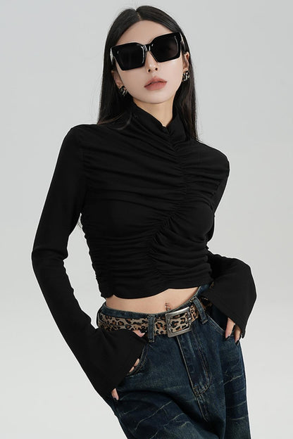 SRYSAME's fashionable design, pleated high-waisted base layer, T-shirt, long-sleeved top, autumn new women's wear