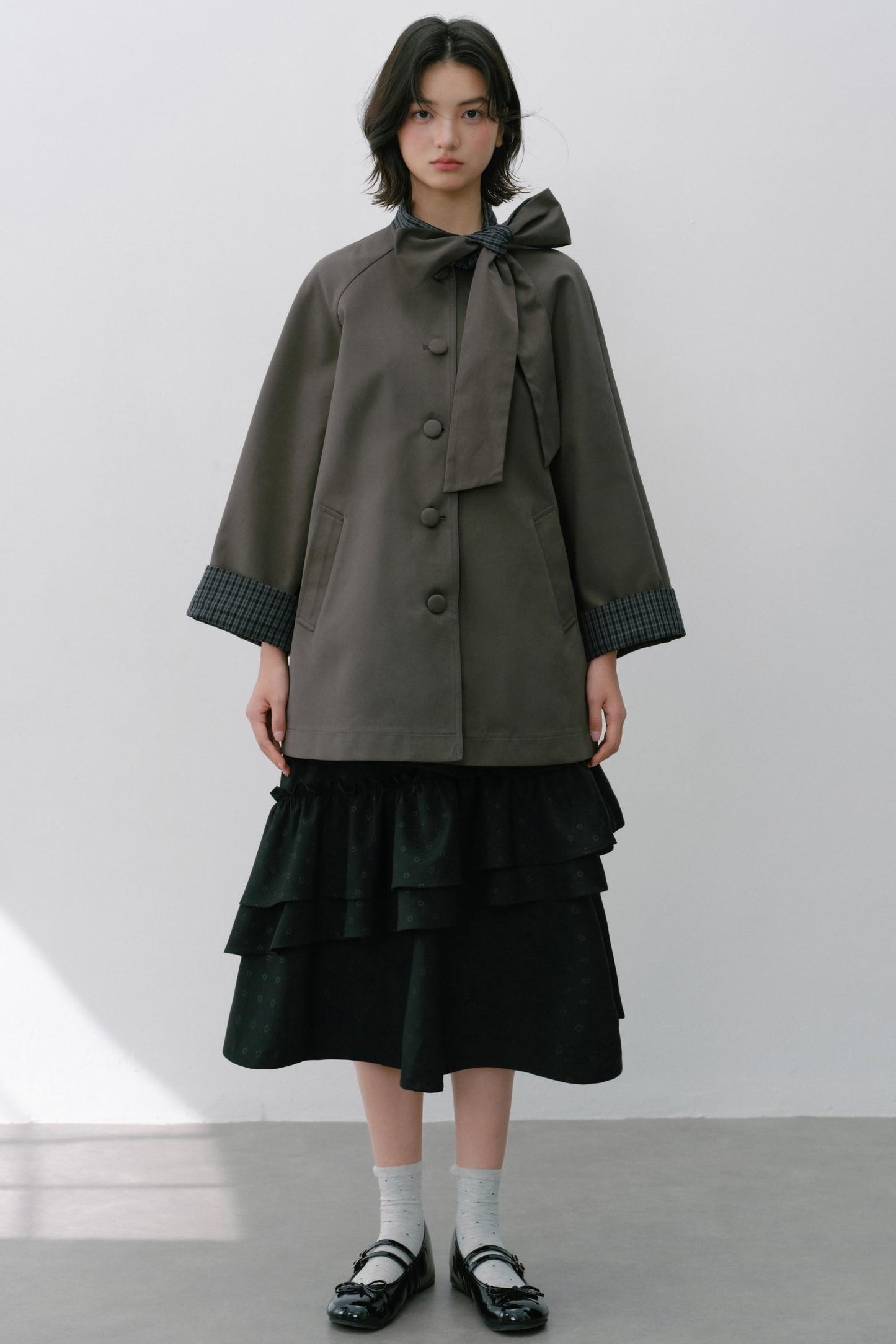 Pink Grey Check Bow Trench Coat