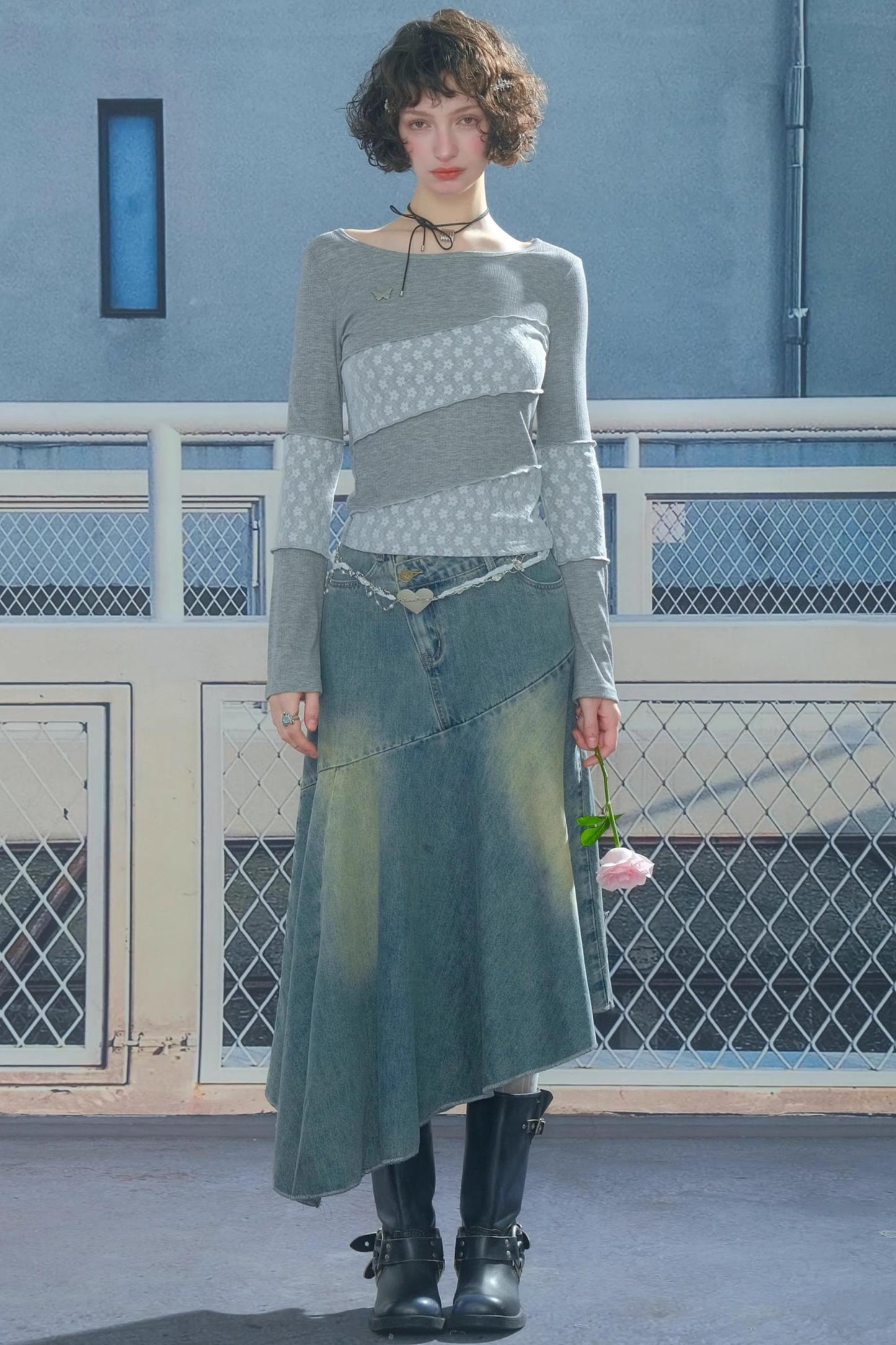 Twill Stitch Lace Knit Top