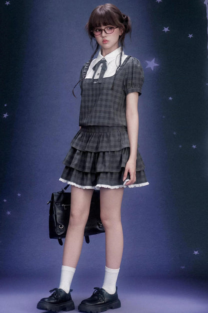 Gray Plaid Cake Dress Set