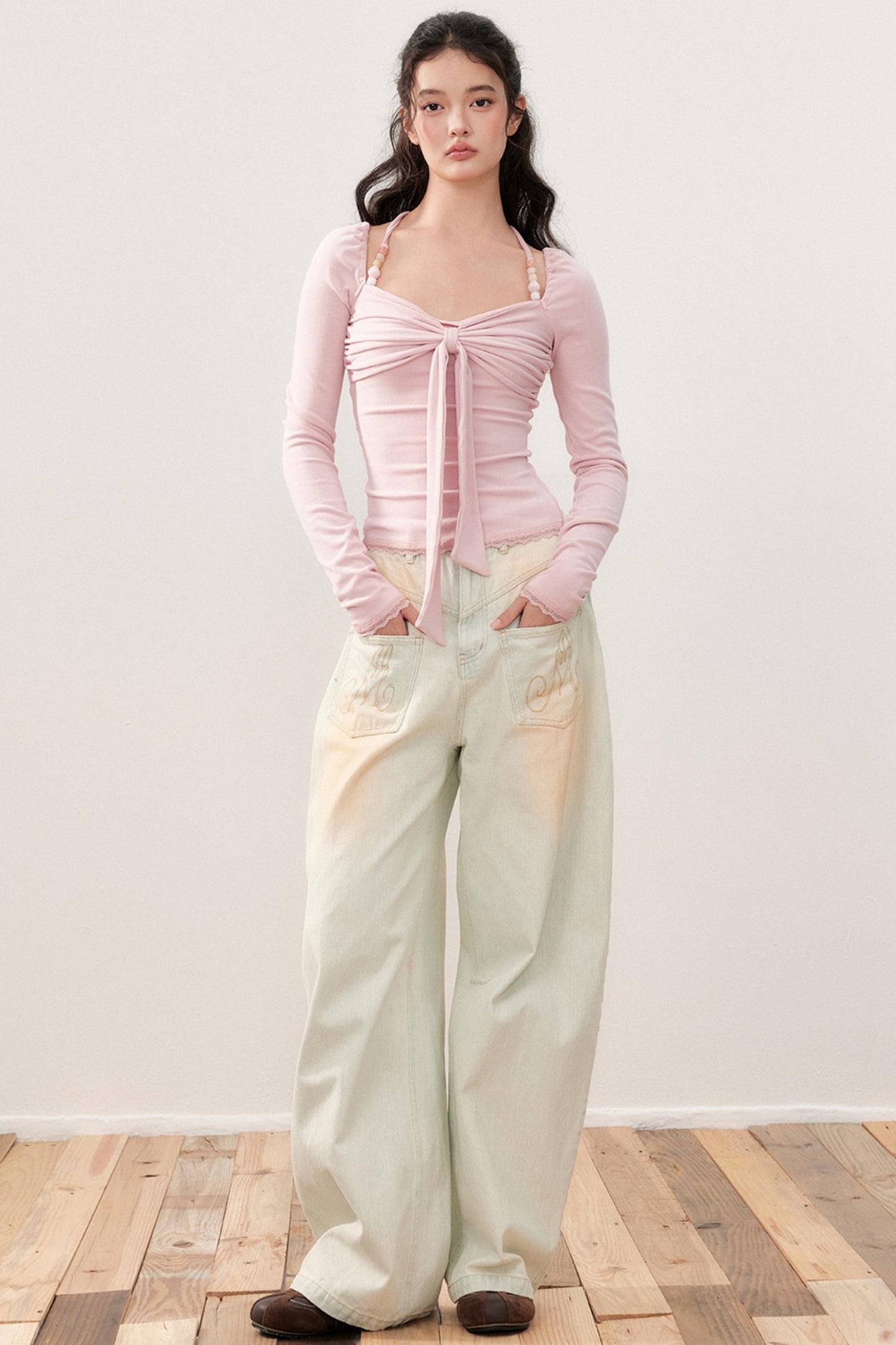 Pleated Bow Beaded Halterneck Top