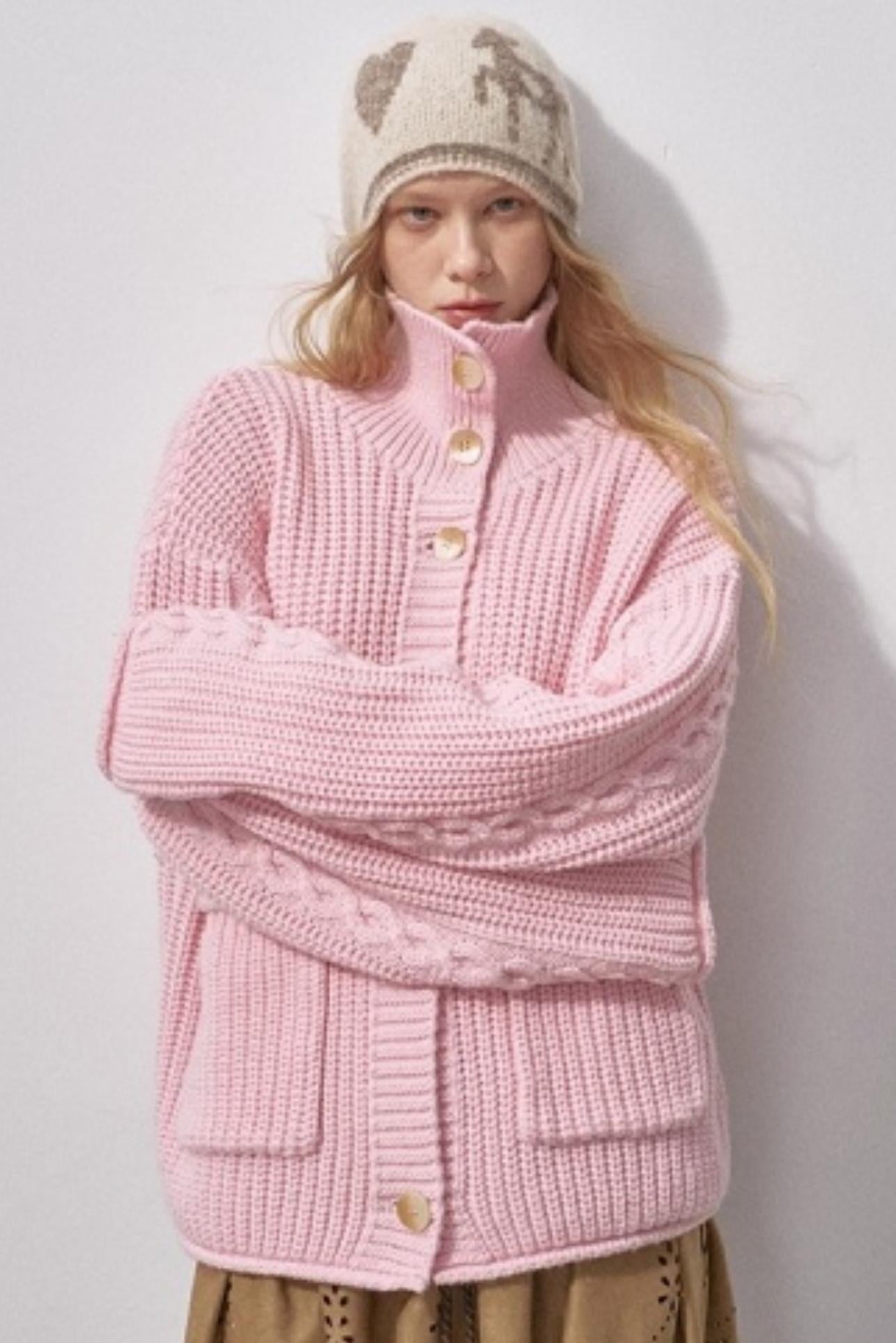 Thick Cable Knit Turtleneck Cardigan