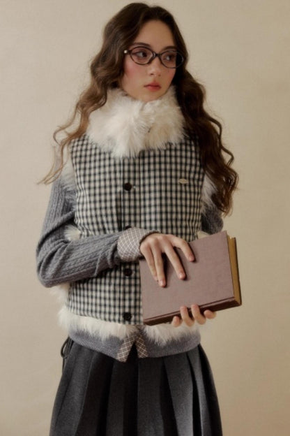 Polka Dot Plaid Fur Coat