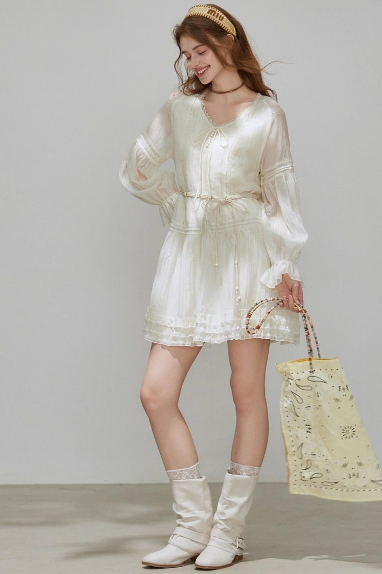 Lyocell Tencel V-Neck A-Line Short Dress