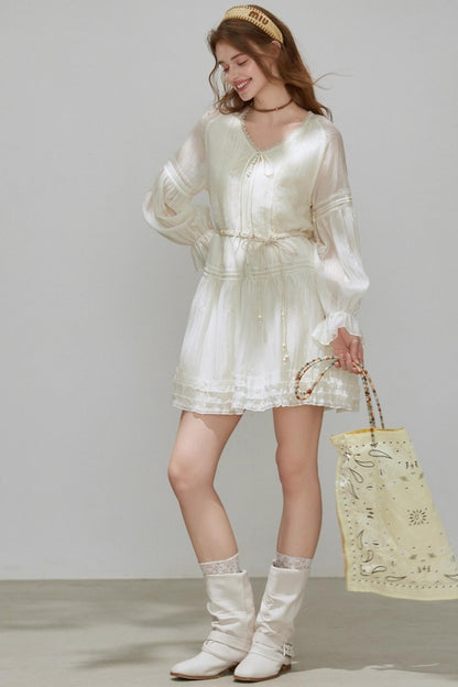 Lyocell Tencel V-Neck A-Line Short Dress