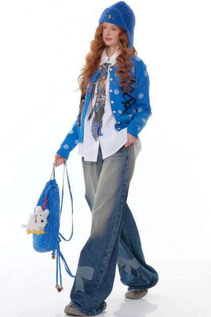 Blue Cat Polka Dot Knitted Cardigan