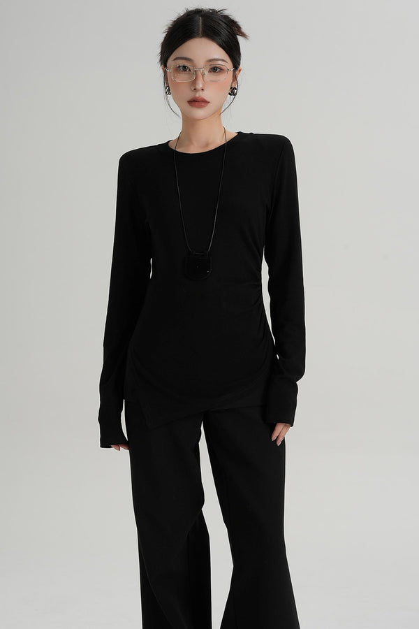 Shoulder Pads Hem Slit Long Sleeve T-shirt