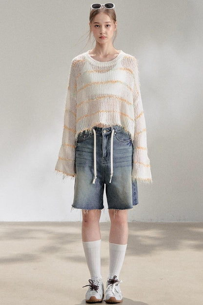 Silver Silk Blend Cropped Knit Blouse