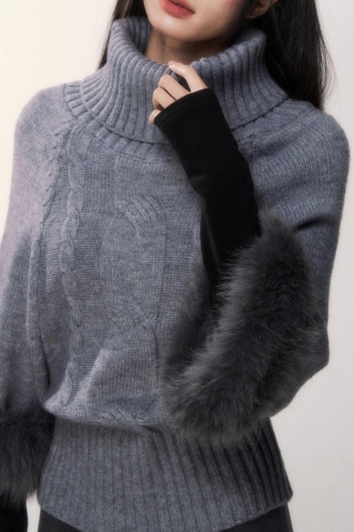 Gray Cable Knit Turtleneck Sweater