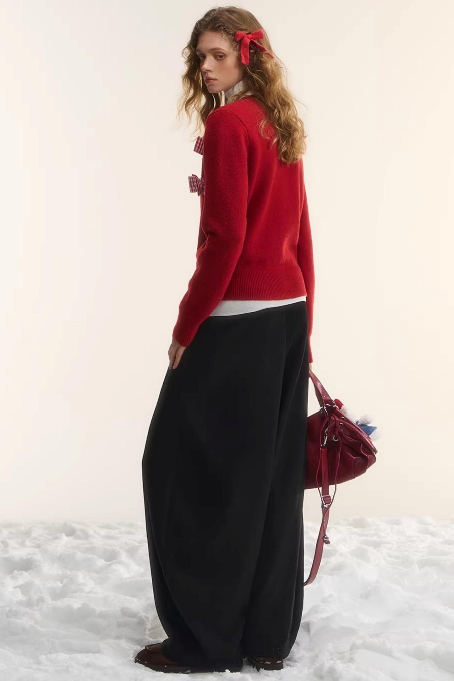 Velvet-Feel Curved-Leg Pants
