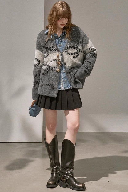 Bow Gradient V-Neck Knitted Cardigan